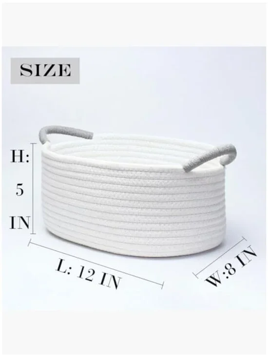 White Cotton Rope Basket with Grey Handle for Storage and Decor - Picture 3 of 7